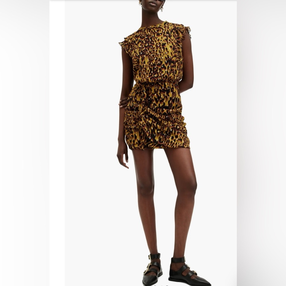 All Saints Hali Pleated Leopard Notes Yellow Multi Mini Dress Size 8 NWT